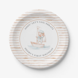 Sailor Bear Tan Stripe Birthday Paper Plate