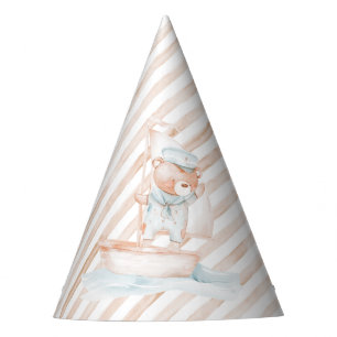 Sailor Bear Tan Stripe Birthday Party Hat