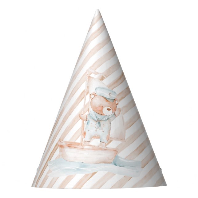 Sailor Bear Tan Stripe Birthday Party Hat (Front)