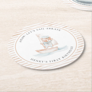 Sailor Bear Tan Stripe Birthday Round Paper Coaster