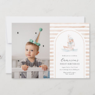 Sailor Bear Tan Stripe Photo First Birthday Invitation