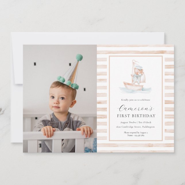 Sailor Bear Tan Stripe Photo First Birthday Invitation (Front)