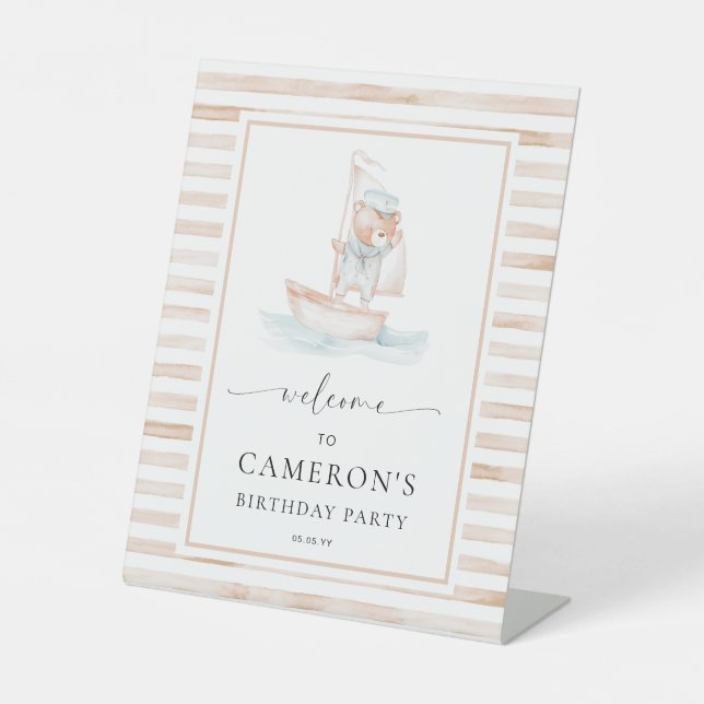 Sailor Bear Tan Stripe Welcome Pedestal Sign (Front)