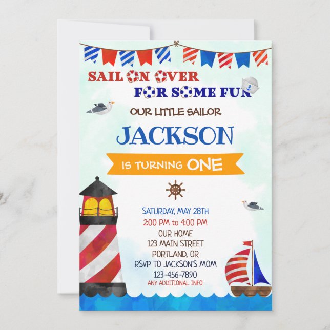 Sailor birthday invitation Boy 1st birthday party  (Front)