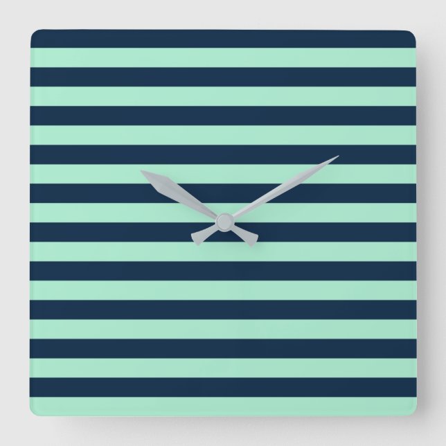 Sailor Blue and Mint Horizontal Stripes Square Wall Clock (Front)