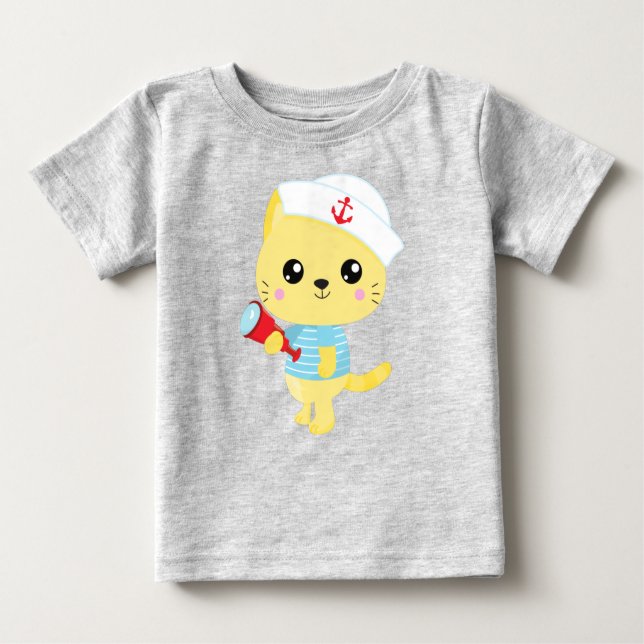 Sailor Cat, Boat Captain, Sailor Hat, Cute Cat Baby T-Shirt (Front)