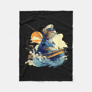 Sailor Cat Captain Boat Fishing Fleece Blanket