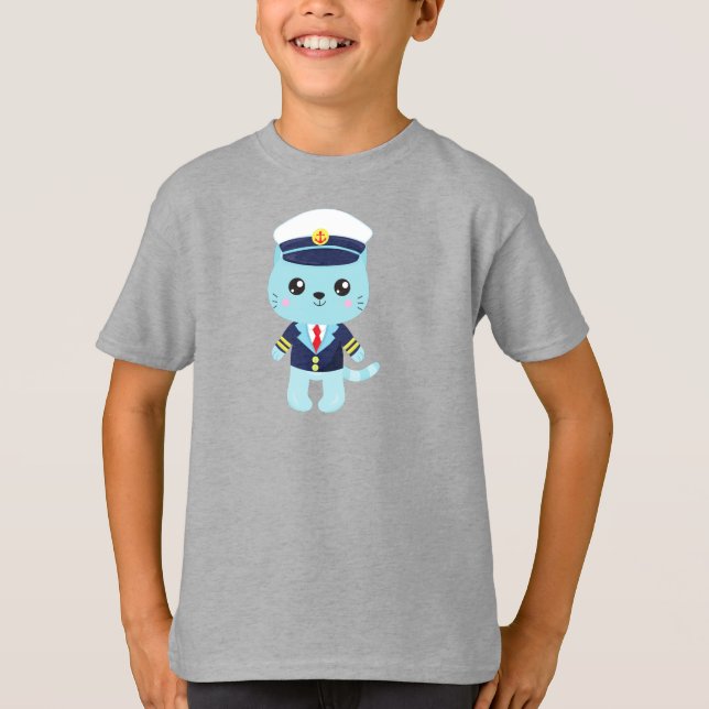 Sailor Cat, Sailor Hat, Boat Captain, Blue Cat T-Shirt (Front)