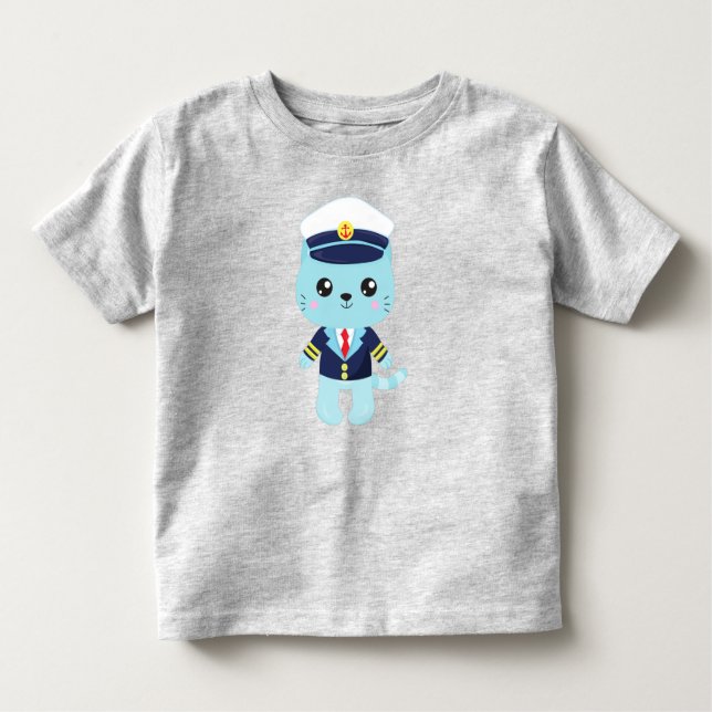 Sailor Cat, Sailor Hat, Boat Captain, Blue Cat Toddler T-Shirt (Front)