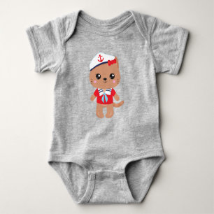Sailor Cat, Sailor Hat, Boat Captain, Brown Cat Baby Bodysuit