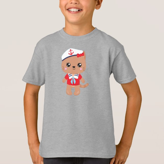 Sailor Cat, Sailor Hat, Boat Captain, Brown Cat T-Shirt (Front)