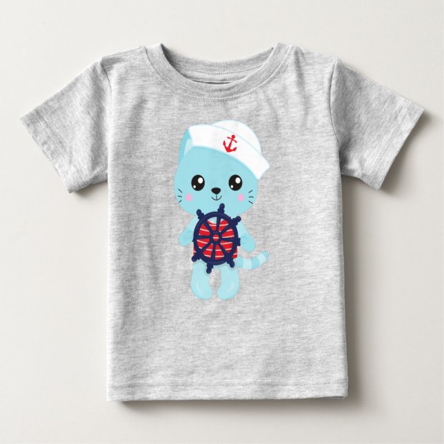 Sailor Cat, Sailor Hat, Boat Captain, Cute Cat Baby T-Shirt (Front)