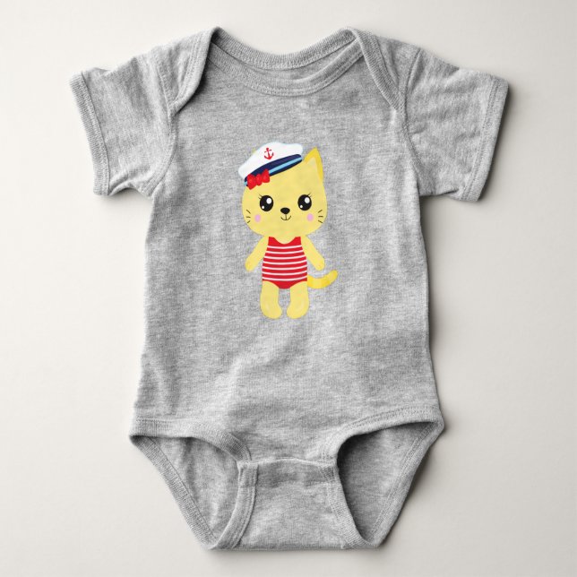 Sailor Cat, Sailor Hat, Boat Captain, Yellow Cat Baby Bodysuit (Front)