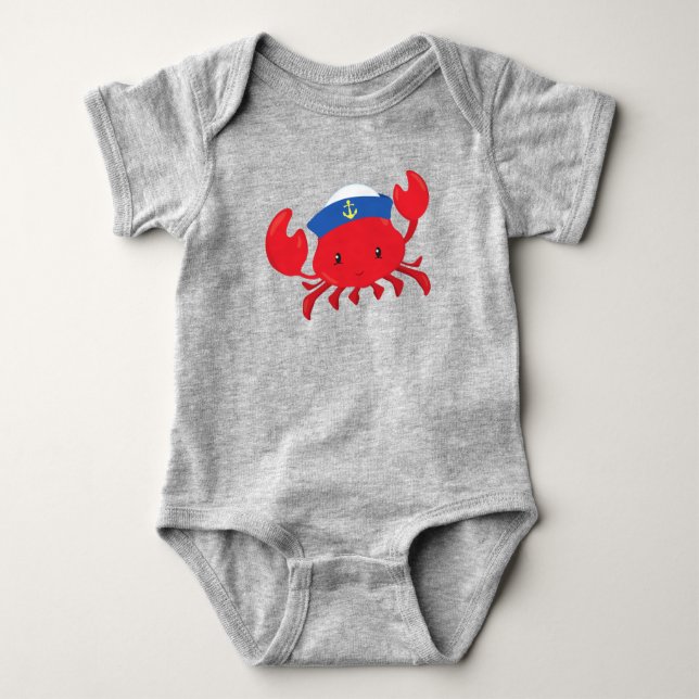 Sailor Crab, Cute Crab, Sailor Hat, Sailing, Sea Baby Bodysuit (Front)