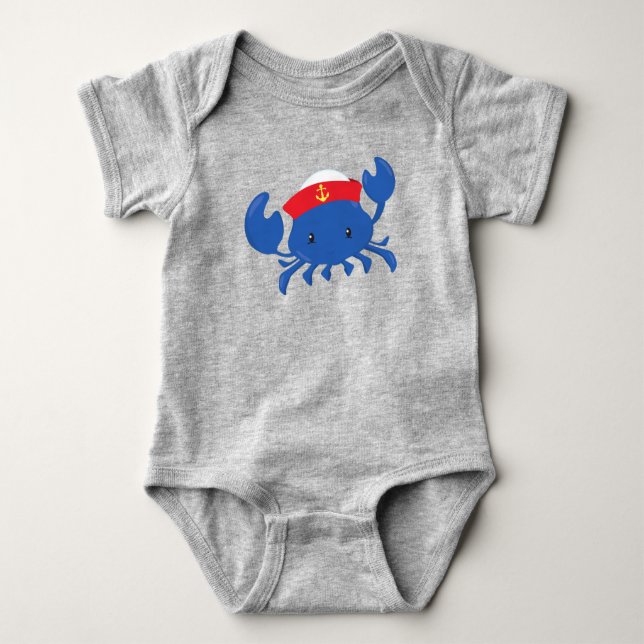 Sailor Crab, Cute Crab, Sailor Hat, Sea, Sailing Baby Bodysuit (Front)