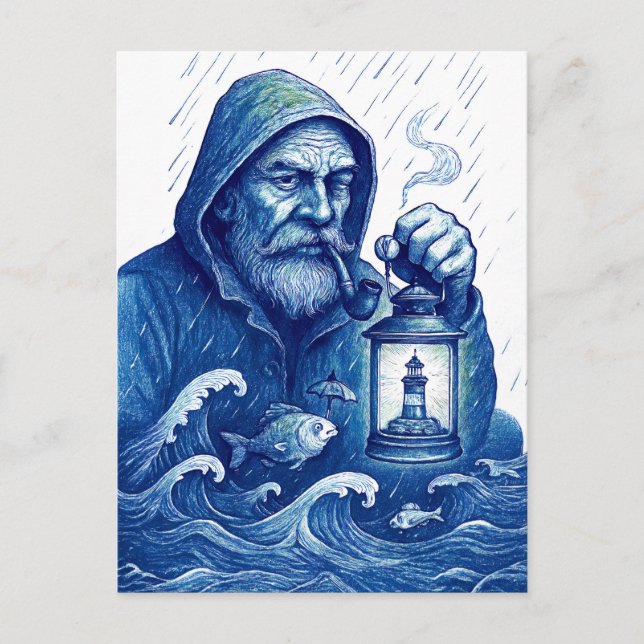 Sailor Holding Lantern While Fish Holds Umbrella Postcard (Front)