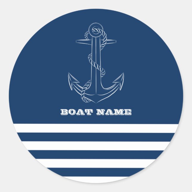 Sailor Nautical Anchor Navy Blue Striped  Classic Round Sticker (Front)