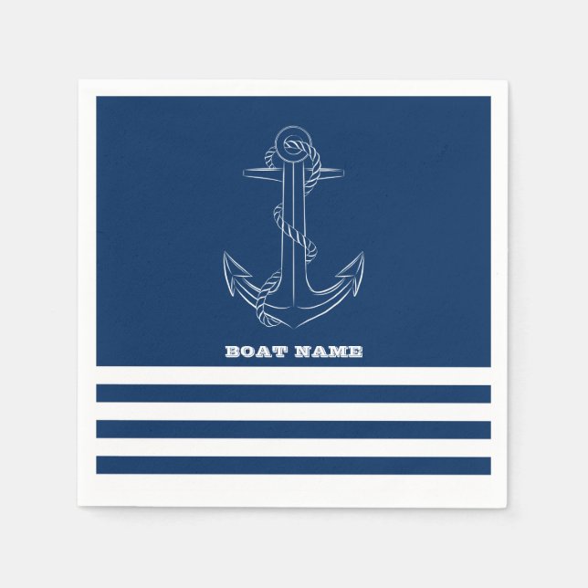 Sailor Nautical Anchor Navy Blue Stripes Napkin (Front)