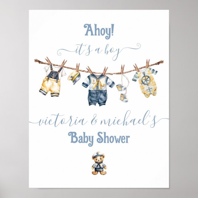 Sailor Nautical Clothesline Baby Shower Welcome Poster (Front)