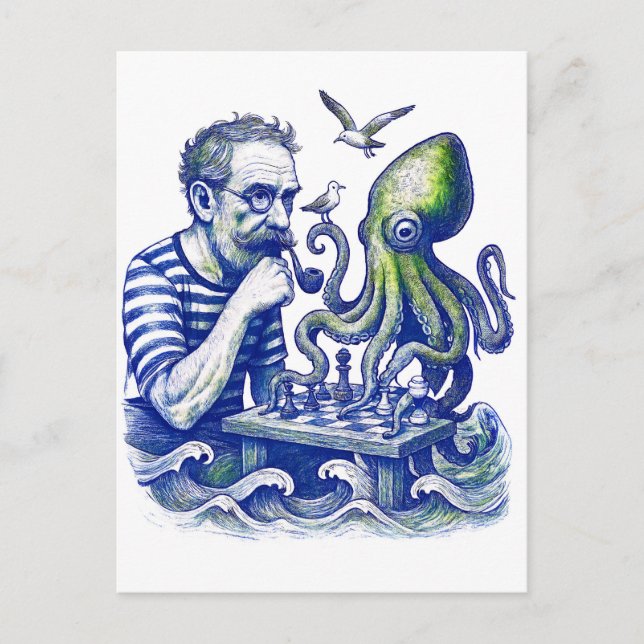 Sailor Playing Chess With Large Curious Octopus Postcard (Front)
