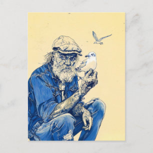 Sailor Sitting Calmly Surrounded By Several Birds Postcard