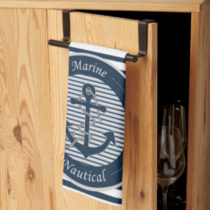 Sailor Stripes Anchor and Rope on White Background Tea Towel