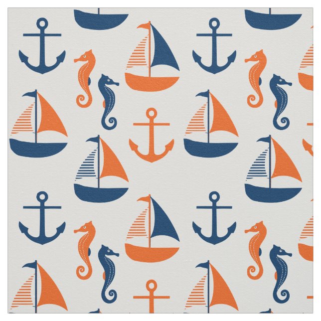 Sailors Blue and Orange Marine Pattern Fabric (Swatch)