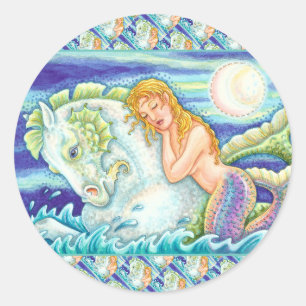 SAILOR'S FANTASY MERMAID RIDING MERHORSE, SEAHORSE CLASSIC ROUND STICKER