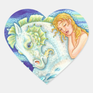 SAILOR'S FANTASY MERMAID RIDING MERHORSE, SEAHORSE HEART STICKER