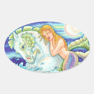 SAILOR'S FANTASY MERMAID RIDING MERHORSE, SEAHORSE OVAL STICKER