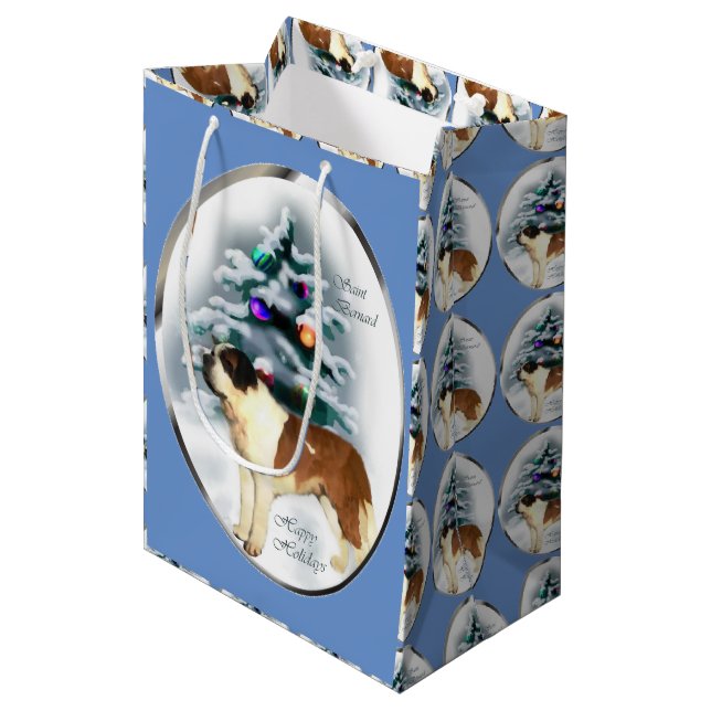 Saint Bernard Christmas Medium Gift Bag (Front Angled)