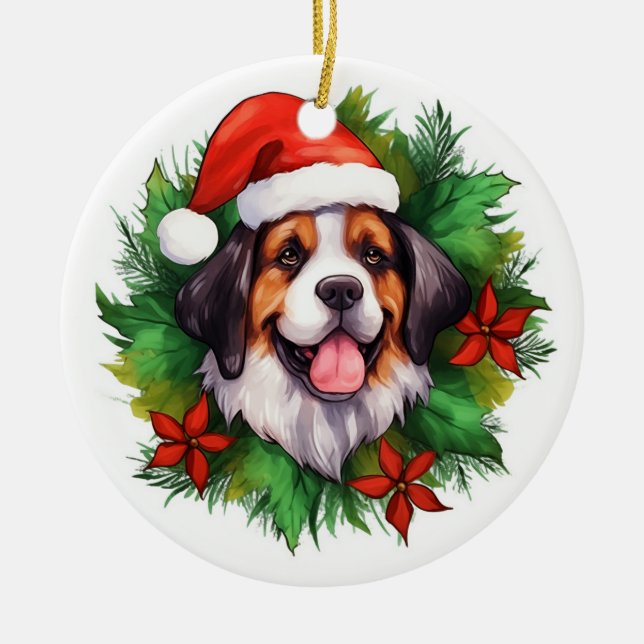 Saint Bernard Christmas Wreath Ceramic Ornament (Front)