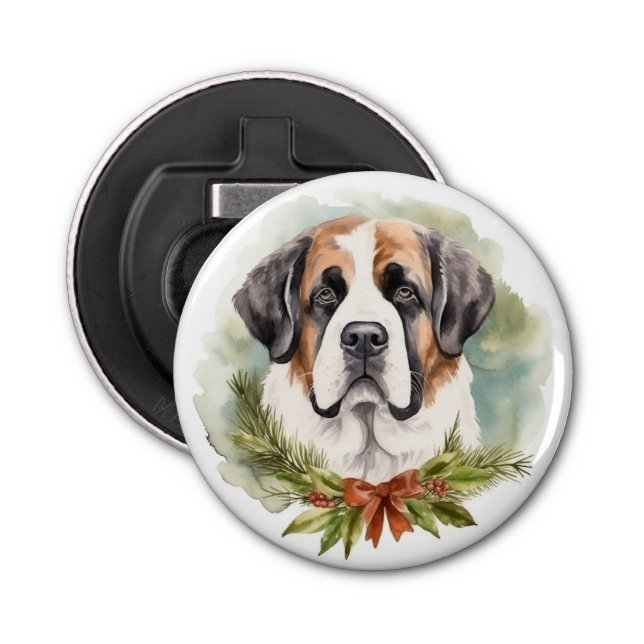 Saint Bernard Christmas Wreath Festive Pup Bottle Opener (Front)