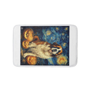 Saint Bernard Cute Dog Halloween Jack O Lantern Pu Bath Mat