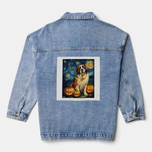 Saint Bernard Cute Dog Halloween Jack O Lantern Pu Denim Jacket