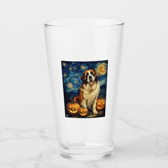 Saint Bernard Cute Dog Halloween Jack O Lantern Pu Glass (Front)