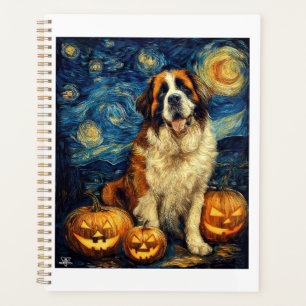 Saint Bernard Cute Dog Halloween Jack O Lantern Pu Planner