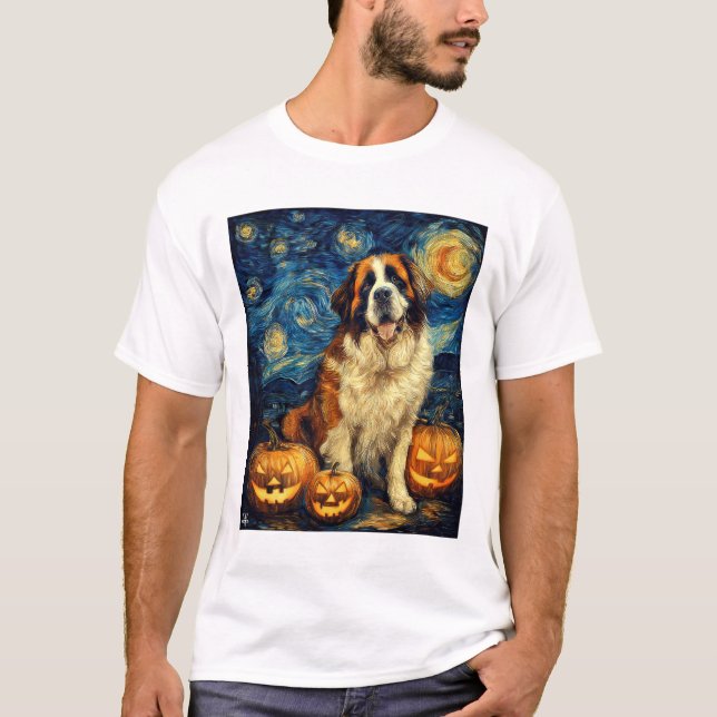 Saint Bernard Cute Dog Halloween Jack O Lantern Pu T-Shirt (Front)