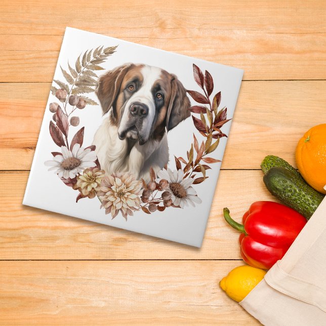 Saint Bernard Dog Autumn Wreath Ceramic Tile (Creator Uploaded)