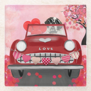 Saint Bernard Dog Car with Hearts Valentine's Glass Coaster