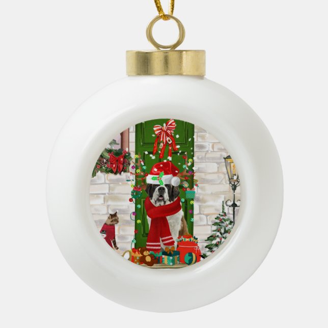 Saint Bernard Dog Christmas   Ceramic Ball Christmas Ornament (Front)