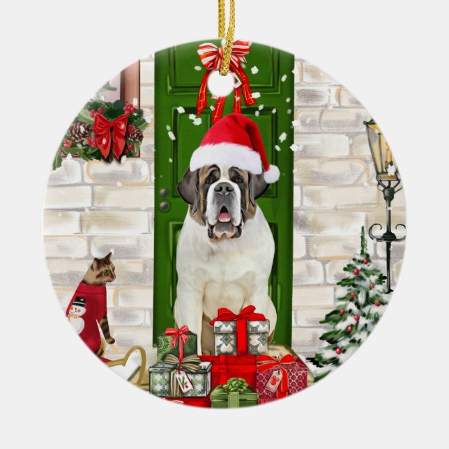 Saint Bernard Dog Christmas  Ceramic Ornament (Front)