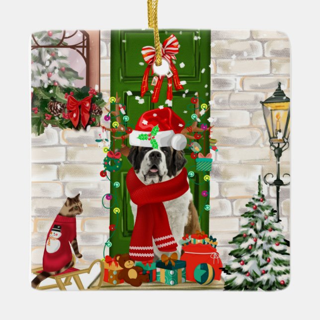 Saint Bernard Dog Christmas   Ceramic Ornament (Front)