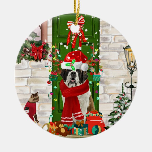 Saint Bernard Dog Christmas   Ceramic Ornament (Front)