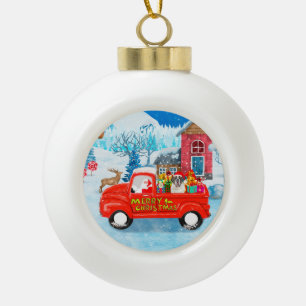Saint Bernard Dog Christmas Delivery Truck Snow Ceramic Ball Christmas Ornament