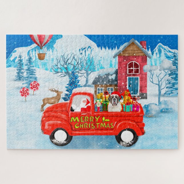 Saint Bernard Dog Christmas Delivery Truck Snow Jigsaw Puzzle (Horizontal)