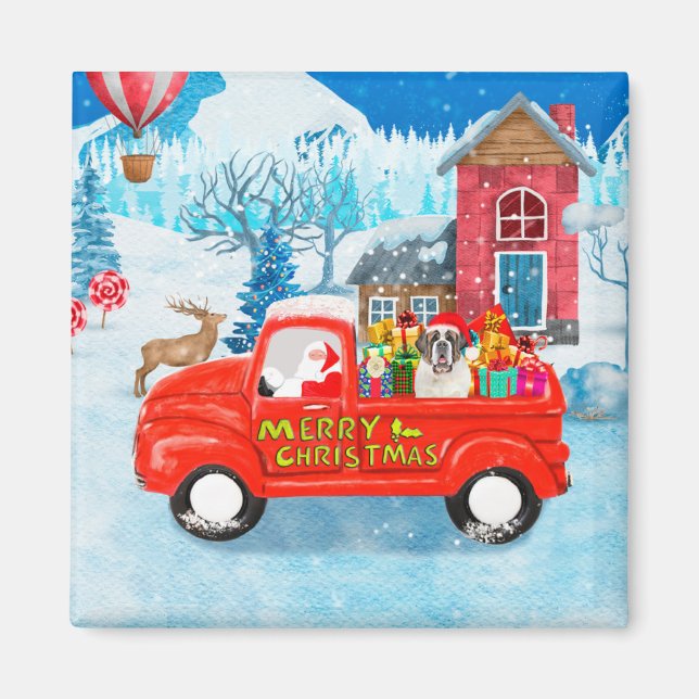 Saint Bernard Dog Christmas Delivery Truck Snow Magnet (Front)