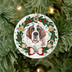 Saint Bernard Dog Christmas Dog Cookie Wreath Ceramic Ornament