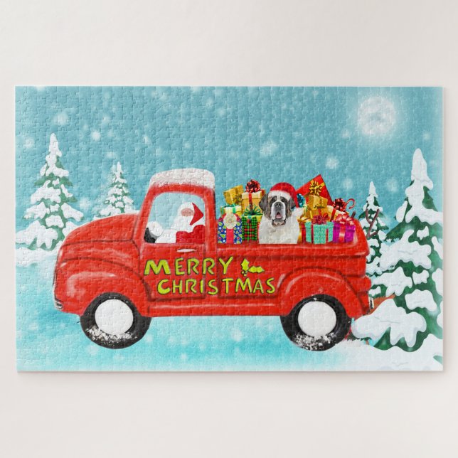Saint Bernard Dog Christmas Santa Delivery Truck Jigsaw Puzzle (Horizontal)