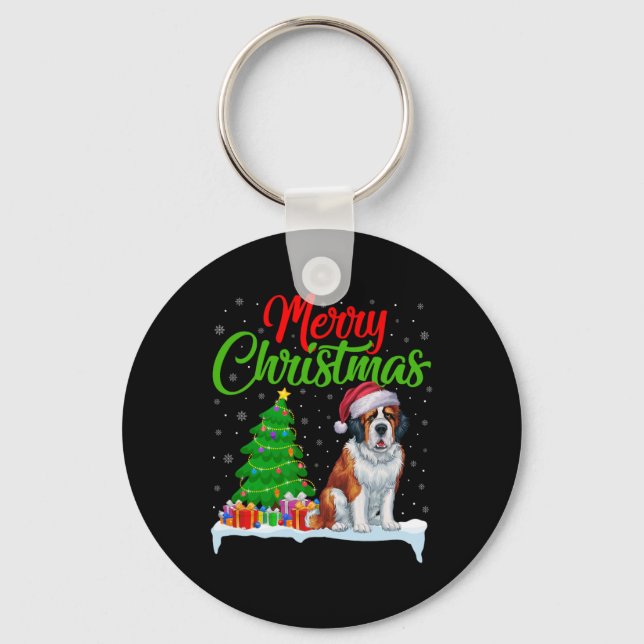 Saint Bernard Dog Christmas Tree Lights Funny Xmas Key Ring (Front)